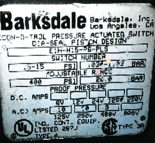 E1H-H15-P6-PLS Econ-O-Trol Basınç Anahtarı, Gömme Modeli, 15 psi Aralığı