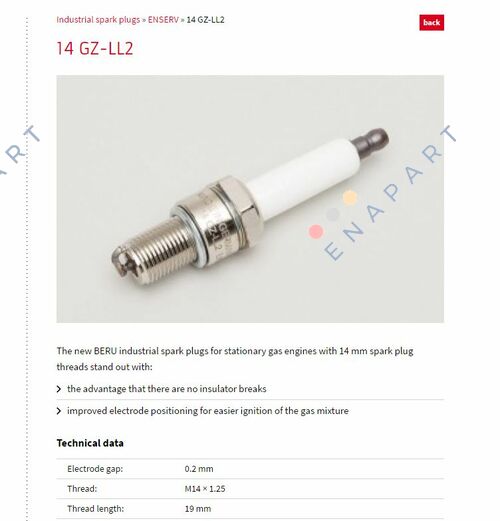 14GZ-LL-2 (EA = 0,2 mm) BERU buji, uzun ömürlü